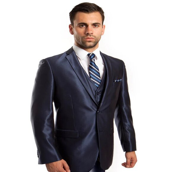 Mens Tazio Vested Slim Fit Shiny Sharkskin Suit in Navy - Picture 1 of 2